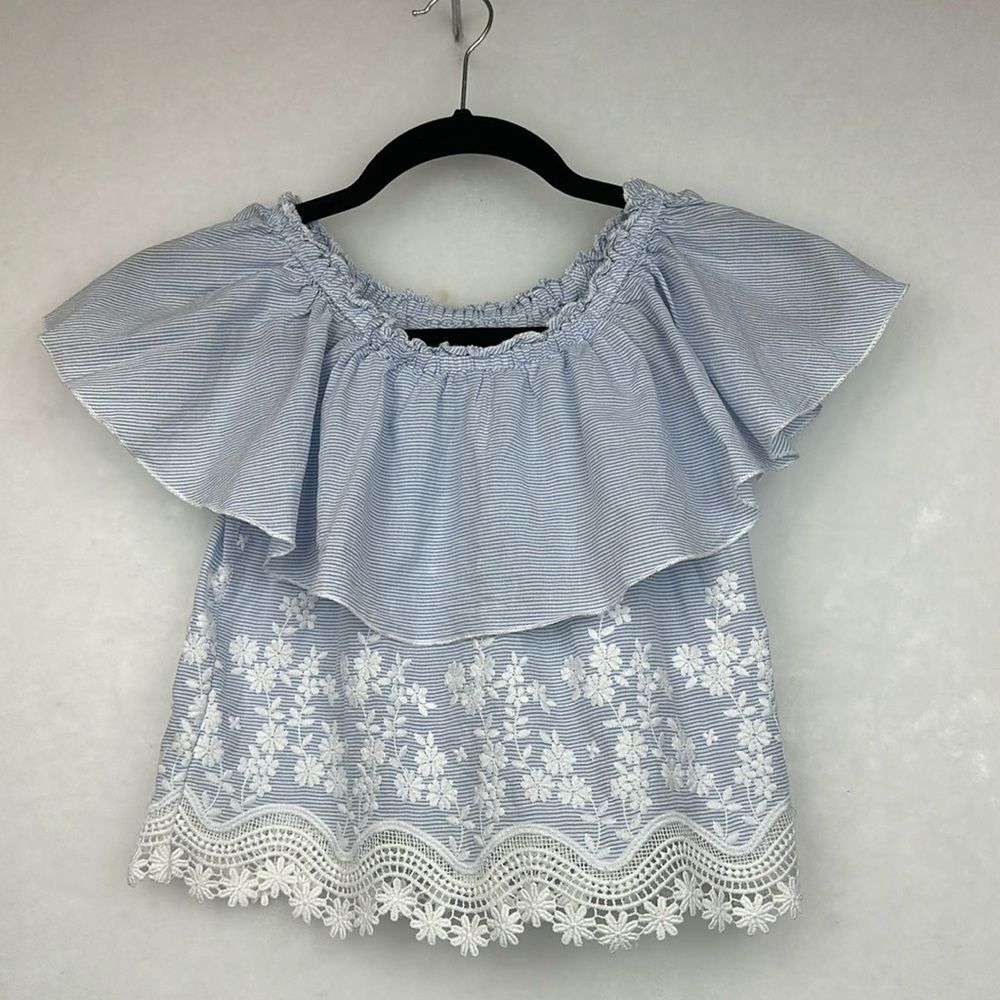 Mayoral Girls embroidery Border poplin off the shoulder blue/white Top Sz 10